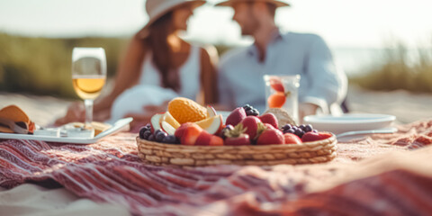 Romantic couple in love doing picnic on the sea beach at sunset. Blurred image of Boyfriend and girlfriend enjoying love