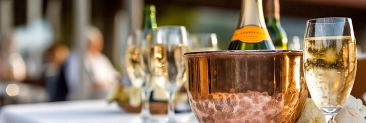 Luxury holiday composition, a bottle of chilled champagne in an ice bucket and glasses on the table in front of the seated people, festive lights in the background - obrazy, fototapety, plakaty