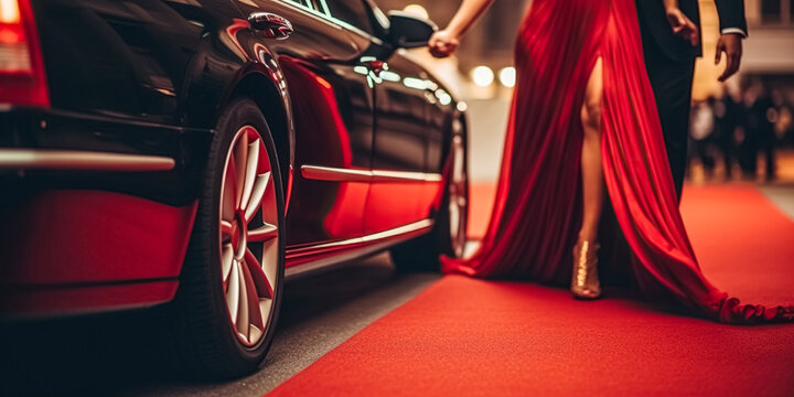 Couple arriving with limousine walking red carpet, Woman in a luxurious dress on a red carpet. Blurred image.
