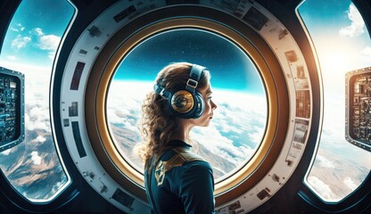 illustration of the woman space commander on the spaceship - obrazy, fototapety, plakaty