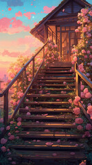 the stairs of a wooden house with 1000 roses on it, in the style of light pink and white, sunset, a busy city and beach in the distance. AI generative