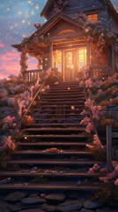 the stairs of a wooden house with 1000 roses on it, in the style of light pink and white, sunset, a busy city and beach in the distance. AI generative