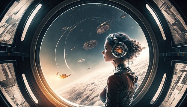 illustration of the woman space commander on the spaceship