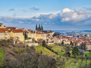 Fototapeta premium Hilltop suburb of Hradcany during a winter afternoon in Prague, Czech Republic