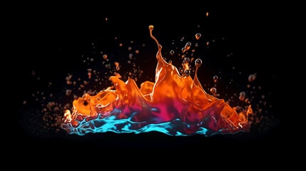 Paint drop. Ink water. Cold flame. Burning ice. Red orange blue color gradient glowing glitter fluid splash on dark black abstract art background. AI generative