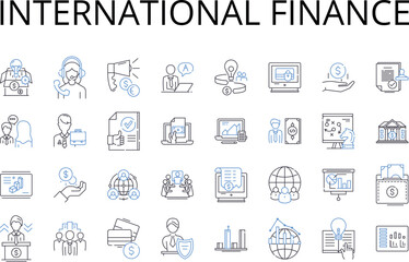 International finance line icons collection. Corporate finance, Global economics, Capital markets, Financial management, Mtary policy, Investment banking, Trade finance vector and linear illustration