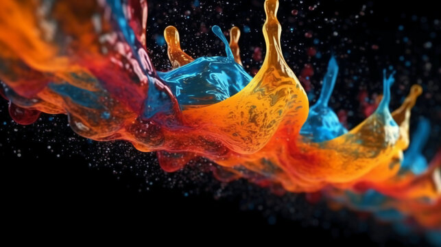 Paint drop. Ink water. Cold flame. Burning ice. Red orange blue color gradient glowing glitter fluid splash on dark black abstract art background. AI generative