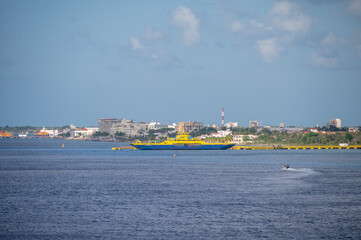 View of ferry at the port near Cozumel, Mexico.