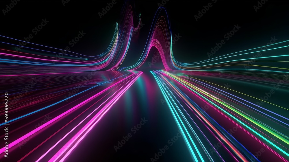 Poster colorful light trails in the dark captured through a long exposure. generative ai