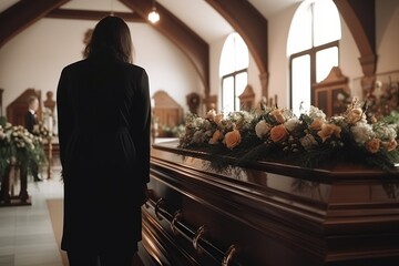 Sad funeral and flowers with couple and coffin in church, created with Generative AI technology - obrazy, fototapety, plakaty