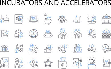Incubators and Accelerators line icons collection. Startup labs, Venture studios, Innovation centers, Seed funders, Entrepreneur hubs, Growth organizations, Idea nurseries vector and linear