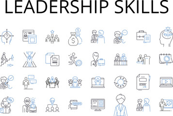 Leadership skills line icons collection. Communication skills, Teamwork skills, Problem-solving skills, Time management skills, Critical thinking skills, Interpersonal skills, Decision-making skills