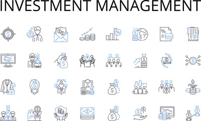 Investment management line icons collection. Wealth management, Asset management, Portfolio management, Financial management, My management, Capital management, Risk management vector and linear