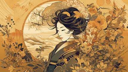 Golden japanese style wallpaper with a traditional japanese woman, Generative AI