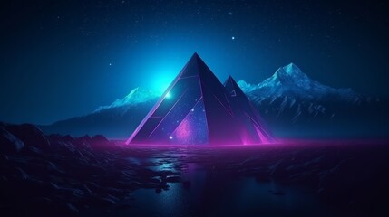 A mountainous landscape with a triangular island in the middle of a serene body of water. Generative ai