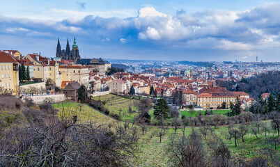 Obraz premium Panorama shot of Hilltop suburb of Hradcany and Mala Strana during a winter afternoon in Prague, Czech Republic