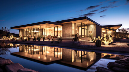 Fototapeta na wymiar The backyard of a modern luxury home in the desert at night by generative AI