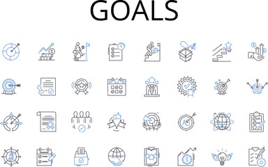 Goals line icons collection. Aspirations, Objectives, Ambitions, Targets, Aims, Endeavors, Aventures vector and linear illustration. Missions,Pursuits,Visions outline signs set - obrazy, fototapety, plakaty