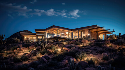 A modern luxury home in the desert at night by generative AI - obrazy, fototapety, plakaty