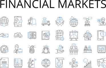 Financial markets line icons collection. Stock exchange, Investment vehicles, Capital markets, Mtary economy, Cash economy, Wealth management, Fundraising events vector and linear illustration