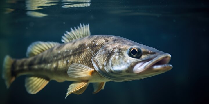 Fishing close-up shut of a zander fish under water, created with Generative AI technology