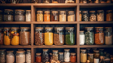 Rustic Pantry Essentials (Generative AI): A Post-Minimalist Collection Featuring Glass, Rice, Nuts and Beans - obrazy, fototapety, plakaty
