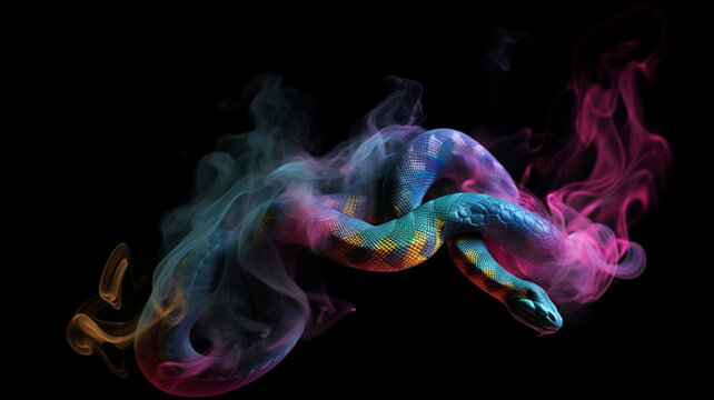 Animals surrounded by colored smoke. Snake wrapped in colored smoke. Snake original, creative and colorful. Image generated by AI.
