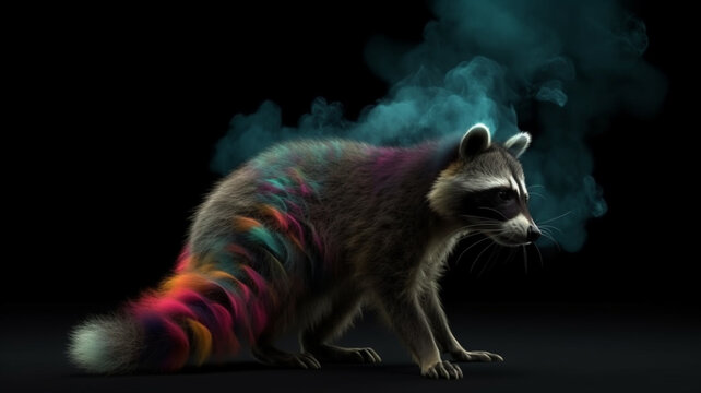 Animals surrounded by colored smoke. Raccoon wrapped in colored smoke. Raccoon original, creative and colorful. Image generated by AI.
