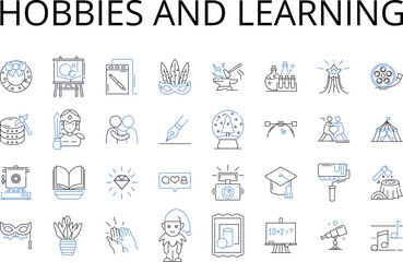 Hobbies and learning line icons collection. Pastime, Leisure activity, Interest, Amusement, Diversion, Pursuit, Recreation vector and linear illustration. Engagement,Entertainment,Distraction outline