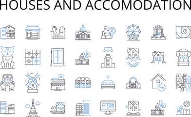 Fototapeta na wymiar Houses and accomodation line icons collection. Residences, Dwellings, Homes, Apartments, Condos, Cottages, Bungalows vector and linear illustration. Villas,Mansions,Castles outline signs set