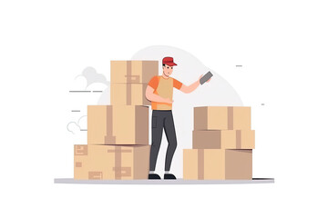 Happy deliveryman in uniform delivering packages, demonstrating good service. Vector illustration