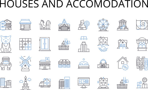 Houses and accomodation line icons collection. Residences, Dwellings, Homes, Apartments, Condos, Cottages, Bungalows vector and linear illustration. Villas,Mansions,Castles outline signs set