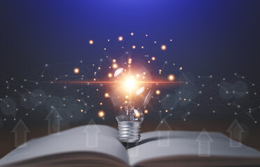Educational knowledge and business education ideas, Innovations, Glowing light bulb on a book, self-learning, Inspiring from read concept, knowledge and searching for new ideas. Thinking for new idea. - obrazy, fototapety, plakaty