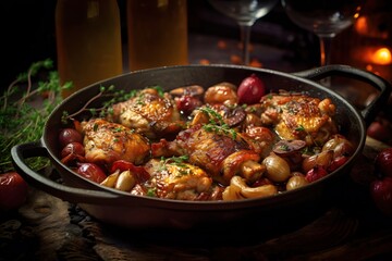 coq au vin with chicken, bacon, cast iron pan background, French style, Generative AI