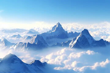 Majestic snow-capped mountain peaks rising above the clo  - obrazy, fototapety, plakaty