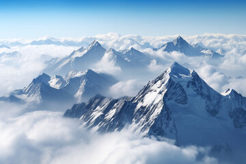 Majestic snow-capped mountain peaks rising above the clo  - obrazy, fototapety, plakaty