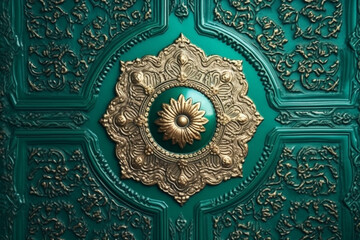 Intricate Islamic patterns on a deep emerald green surfa 