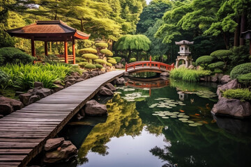 Fototapeta na wymiar A Japanese garden with a koi pond and a wooden bridge, forest in the background