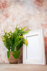 Front view of white wooden picture frame and flower pot leaning against on nude color wall
