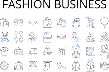 Fashion business line icons collection. Beauty industry, Food market, Entertainment world, Technology sector, Automotive industry, Travel industry, Healthcare business vector and linear illustration