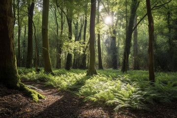 Fototapeta premium A tranquil secluded forest with tall trees, sun leaking through the trees
