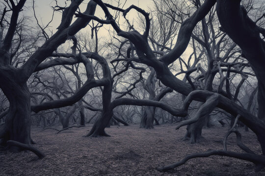 A twisted forest with gnarled trees and eerie shadows