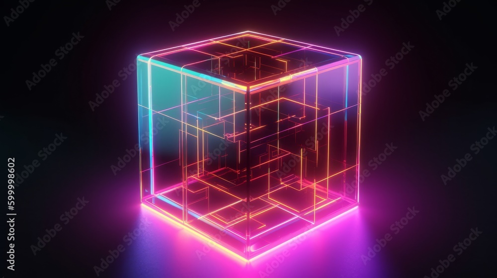Poster A luminescent cube floating in a dark void. Generative ai