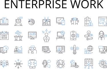 Enterprise work line icons collection. Business tasks, Corporate duties, Professional labor, Career service, Commercial employment, Industrial function, Executive operations vector and linear