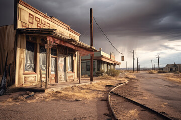A spooky abandoned ghost town with empty storefronts and deteriorating streets