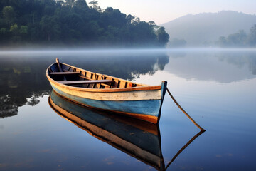 Naklejka na ściany i meble A quiet tranquil lake with a fishing boat drifting lazily