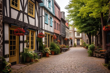 A quaint charming town with cobblestone streets and colorful houses