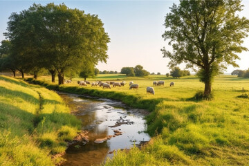 A picturesque countryside with a babbling brook, countryside background landscape scenery