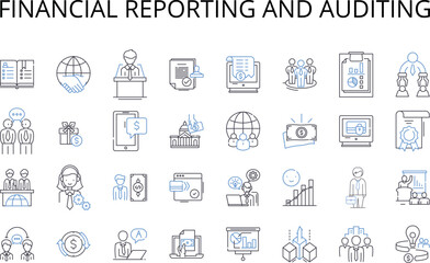 Financial reporting and auditing line icons collection. Bookkeeping and accounting, Taxation and compliance, Budgeting and forecasting, Cash flow management, Financial analysis and planning