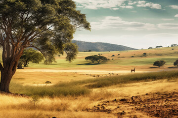 Fototapeta na wymiar Savanna with rolling hills and wildlife landscape 